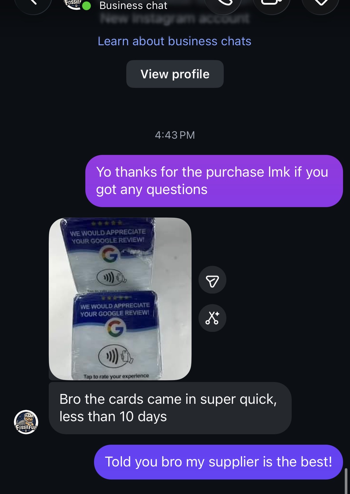Business chat confirming NFC review cards arrived quickly