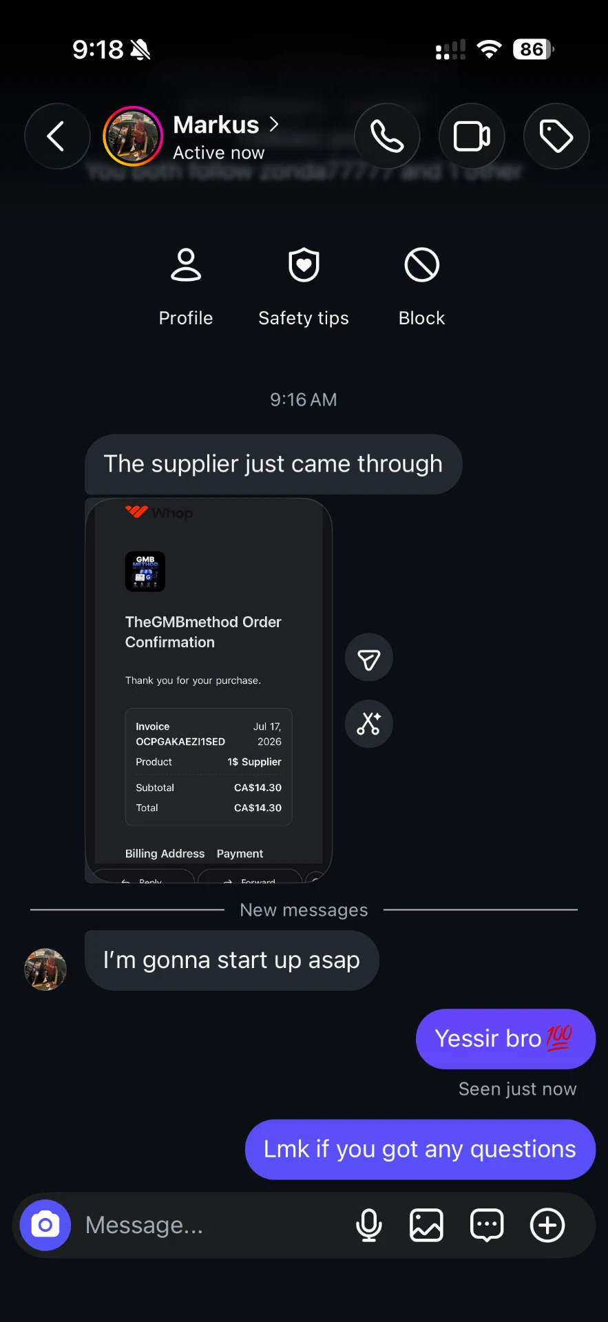 Whop order confirmation showing a paid supplier purchase
