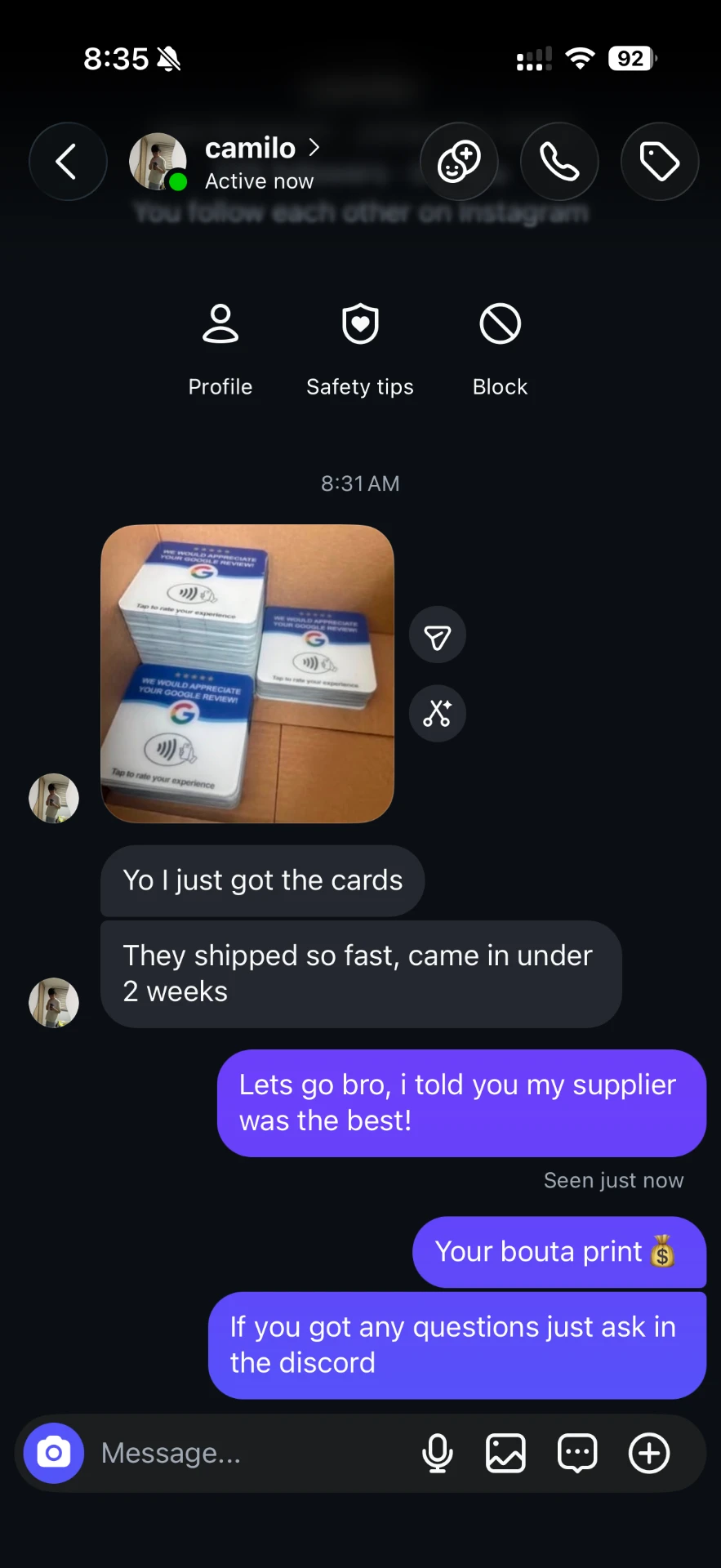 Student message showing a shipped stack of Google review NFC cards